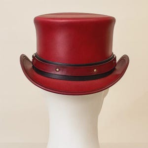 Handmade Red Leather Steampunk Top Hat With Ring Band Festival Cosplay Hat