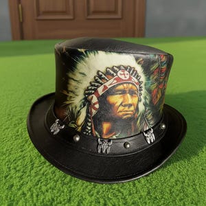Handmade Black Leather Top Hat Painted Native American Chief Festival Steampunk Hat