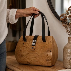 Solid Oak Burl Wood Handbag Black Leather Top Handle Purse Carved Clutch Bag