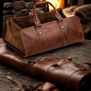 Handmade Leather Firewood Carrier Rustic Fireplace Decor
