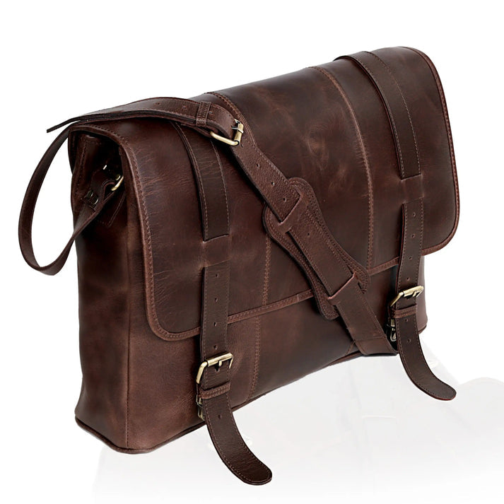 LEATHER MESSENGER  BROWN  18 L x 5 W x 13 H