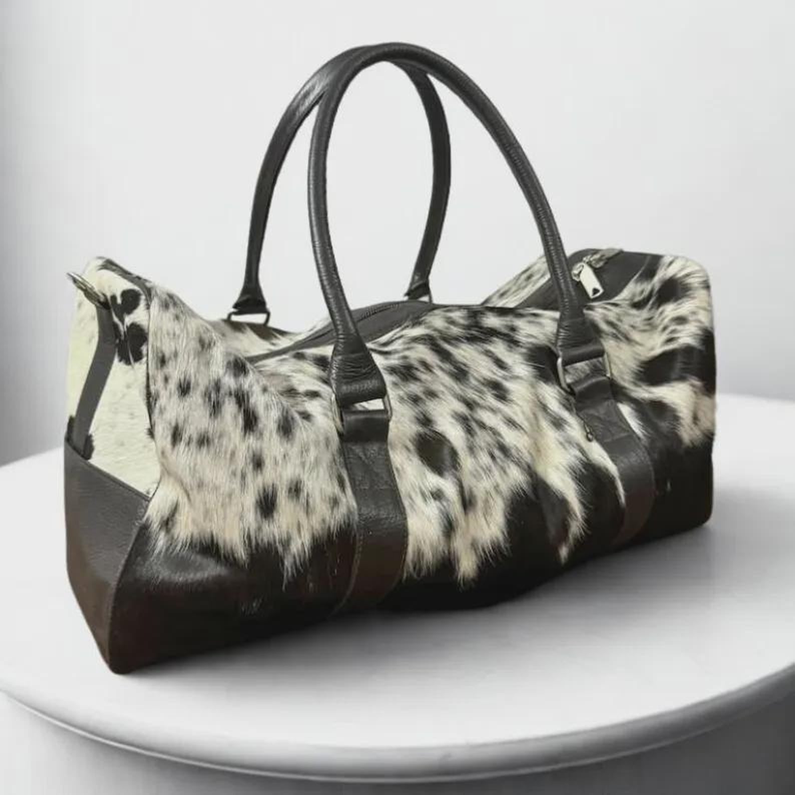 Cowhide Duffle Bag Genuine Hair on Hide Leather Weekender Duffel Overnight Holdall Gift