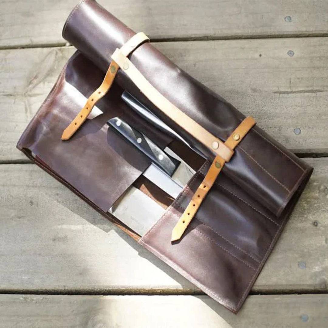 Lightweight Dark Brown Leather Knife Roll for Chef
