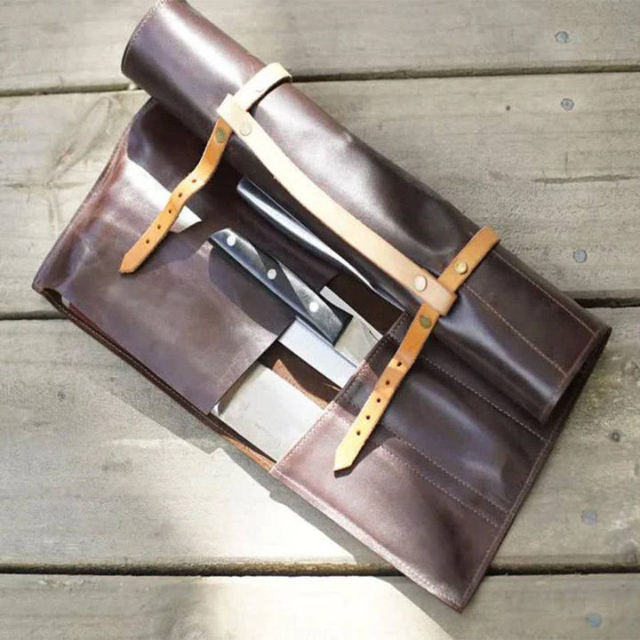Lightweight Dark Brown Leather Knife Roll for Chef