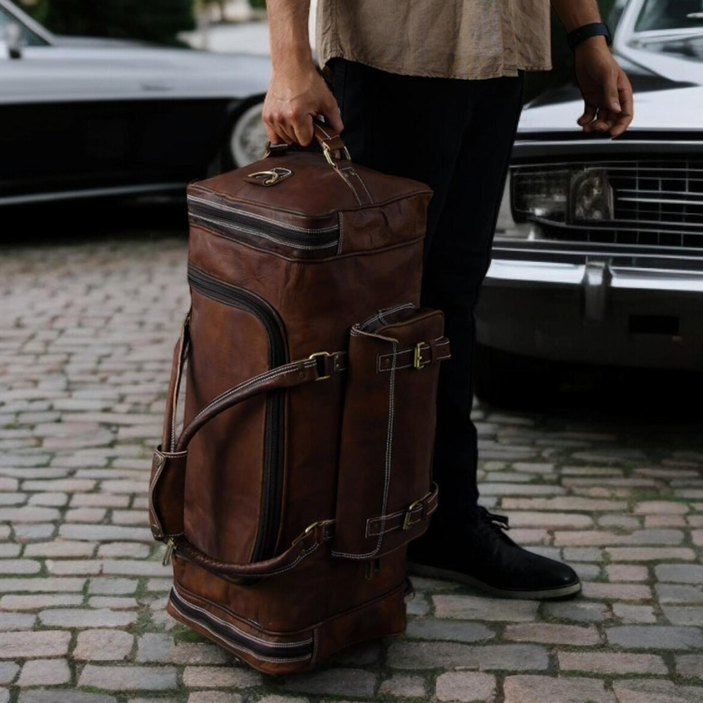 Handmade Western Style Leather Duffle Bag Vintage Brown Cowhide Travel Bag5