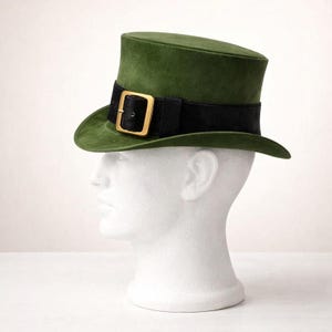 Unisex Green Leather Top Hat with Buckle Band  St Patrick Costume Accessory