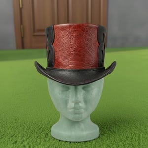 Handmade Black Red Leather Steampunk Top Hat Gothic Victorian Cosplay Festival Hat