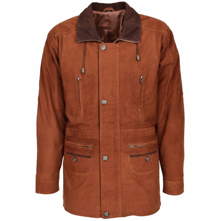 Mens Leather Winter Car Coat Hip Length Jason Tan Nubuck