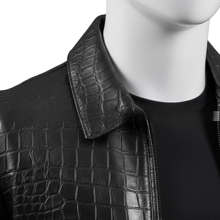 Mens Black Crocodile Embossed Genuine Leather Jacket  Slim Fit