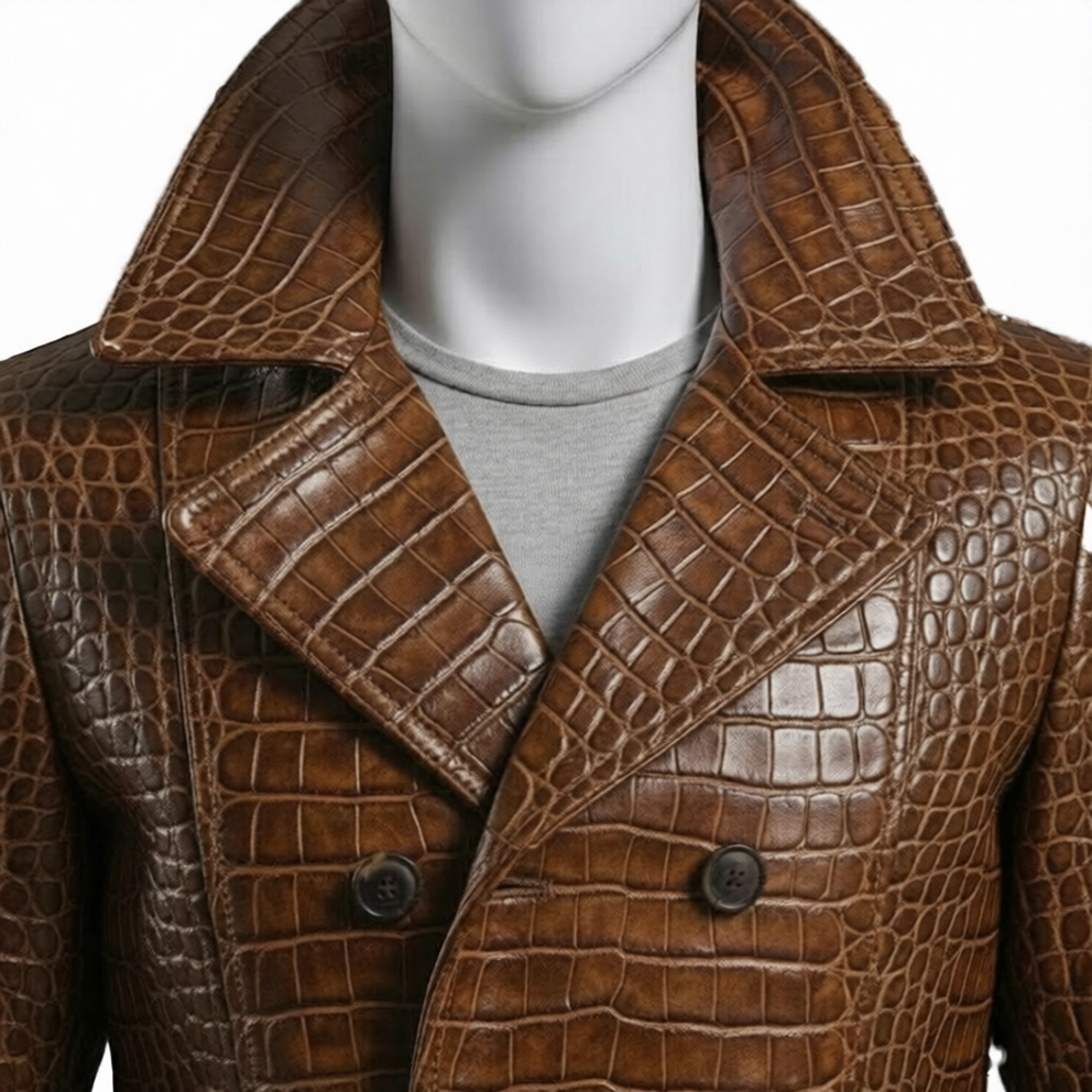 Embossed Brown Leather Coat  Mens Double Breasted Jacket