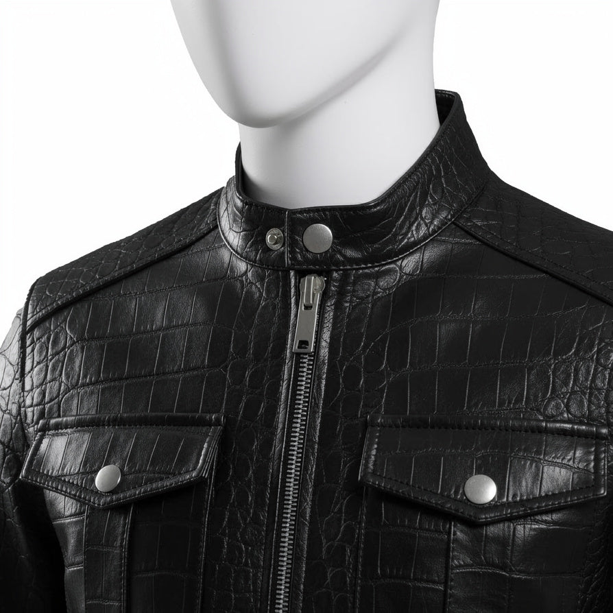 Black Crocodile Pattern Leather Jacket For Men  Genuine Leather Zip Up Biker Style Jackets