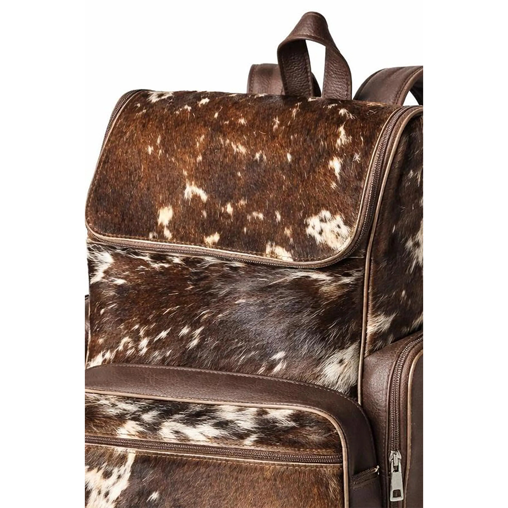 andmade Genuine Cowhide Backpack  Brown & White Spotted Leather Backpack  Large Western