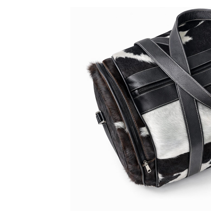 Black White Cowhide Duffle Bag  Genuine Leather Western Travel Weekender (22 Inch)
