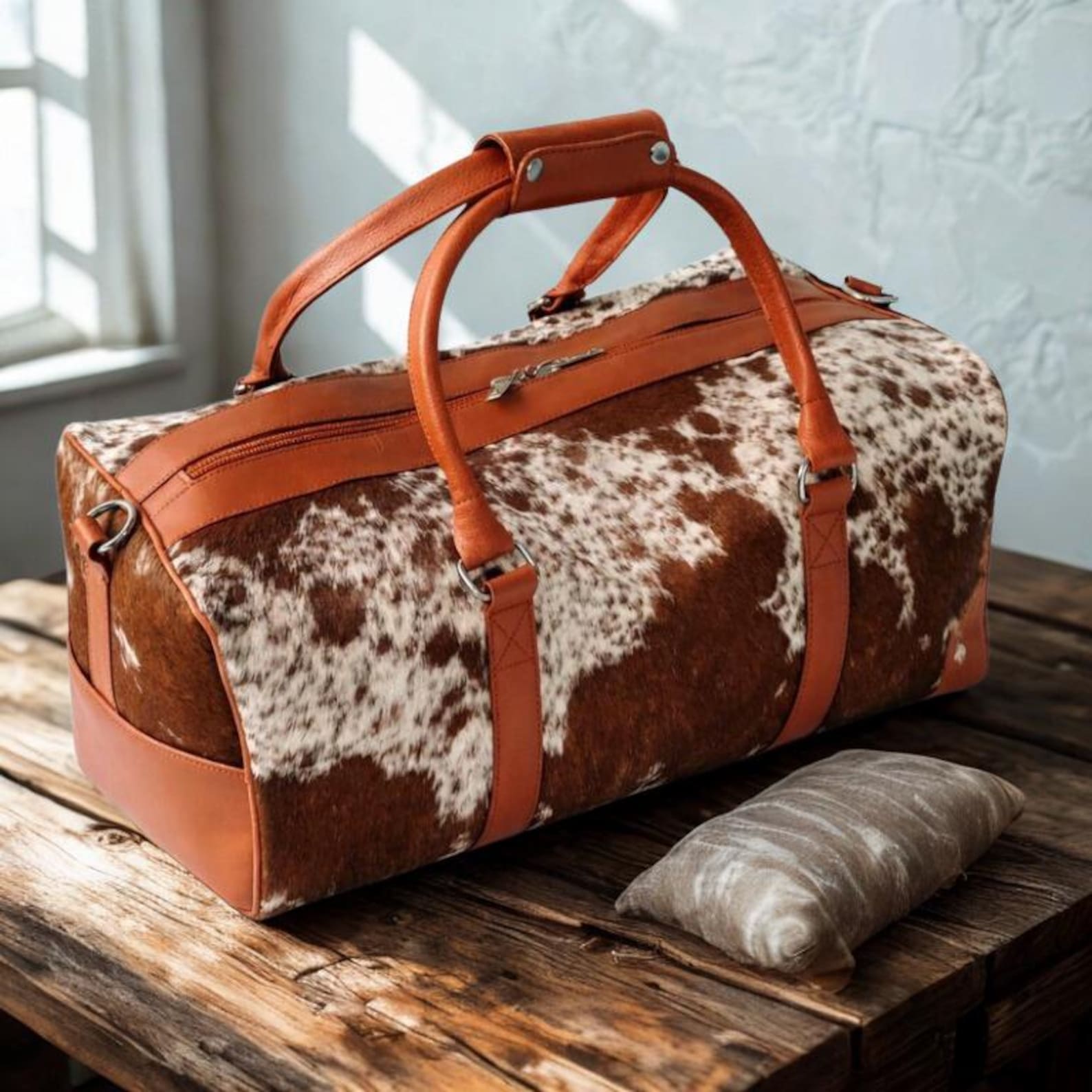 Tan  White Hair On Cowhide Duffel Bag  Handmade Leather Weekender