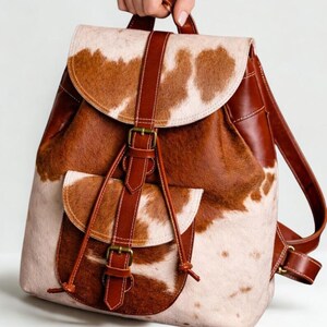 Handmade Tan  White Hair On Cowhide Leather Backpack