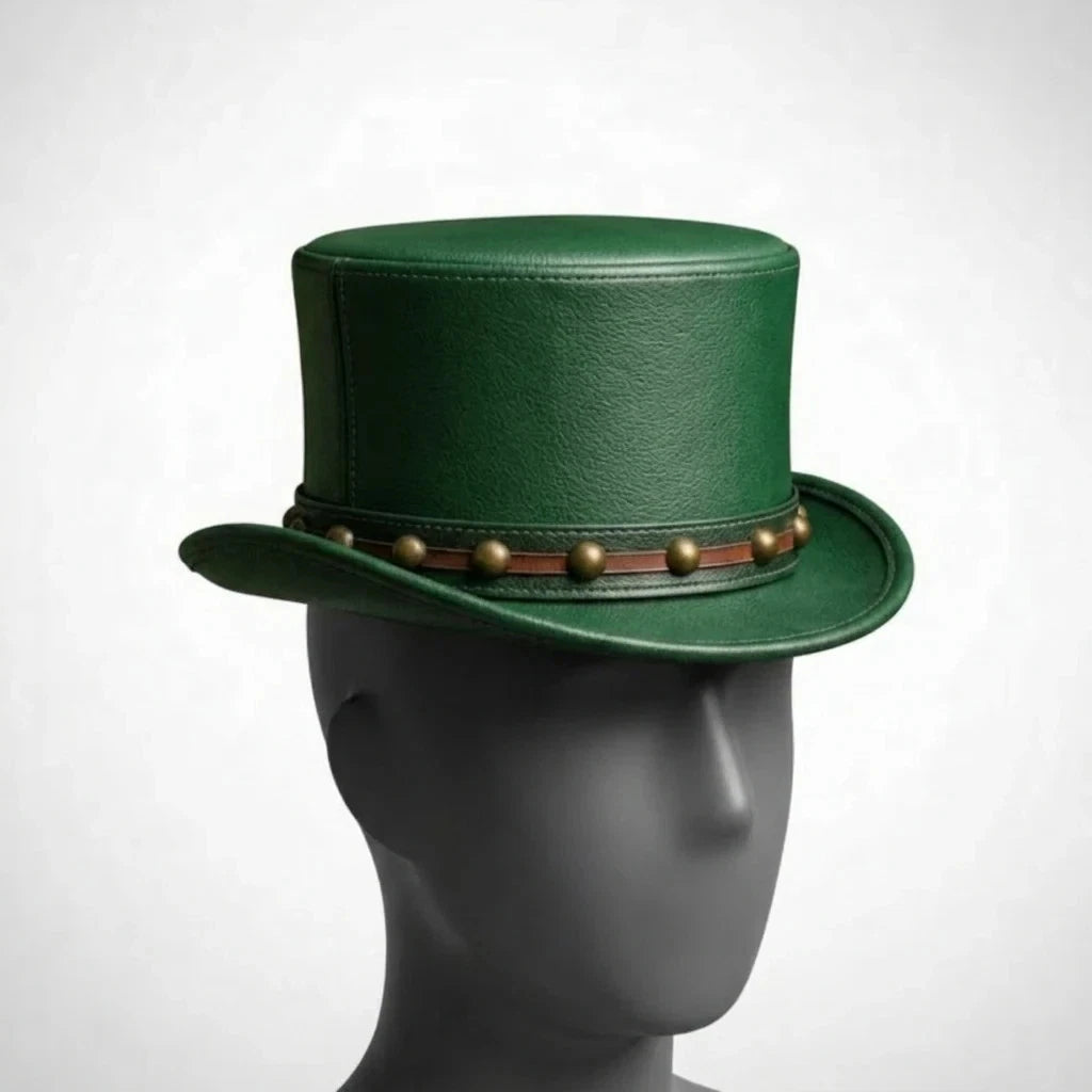 Genuine Leather Steampunk Top Hat Green Studded Band Gothic Mad Hatter S