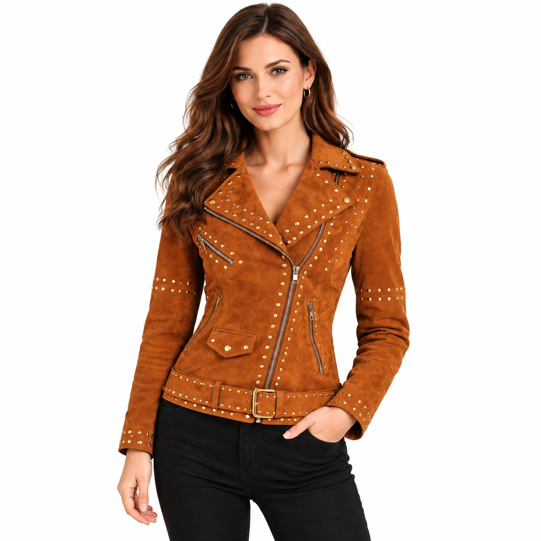 WLJ03 Home of Leather Women Brown Studded Brando Leather Jacket
