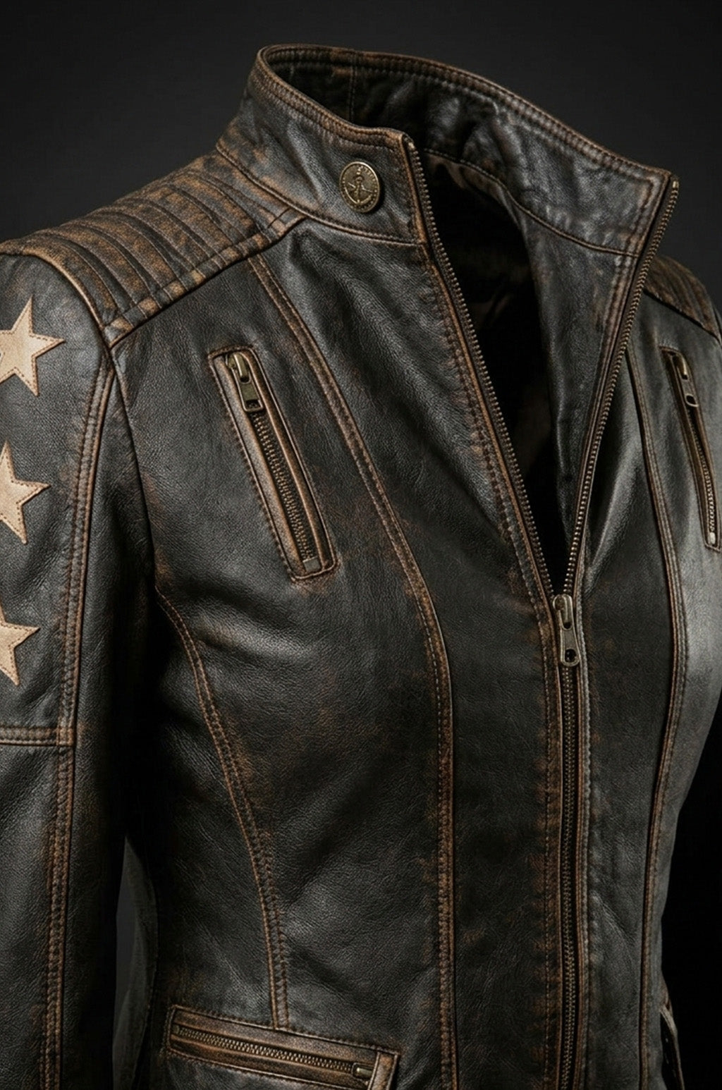 WLJ11 Womens Cafe Racer Star Slim Fit Stars Distressed Brown Classic Biker Leather Jacket