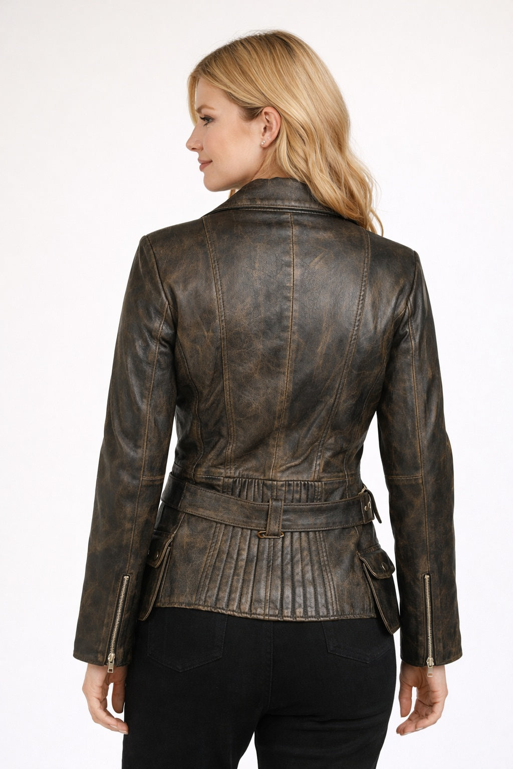 WLJ12 Vintage Women Cafe Racer Black Distressed Biker Real Leather Motorcycle Jacket