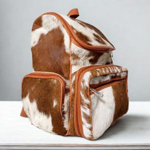 Tan  White Cowhide Backpack  Handmade Leather Rucksack