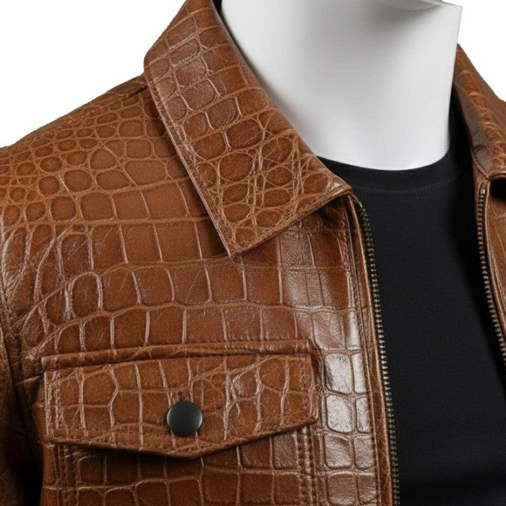 Mens Brown Croc Embossed Genuine Leather Trucker Jacket