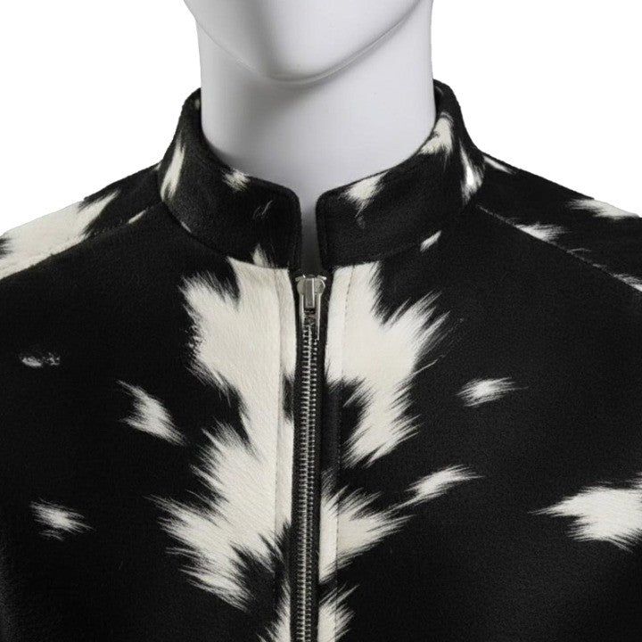 Mens Black and White Pattern Leather Jacket with Front Zip  Modern Minimalist Casual Outerwear