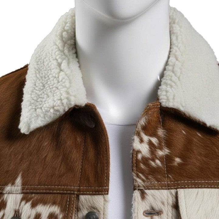 Mens Brown and Cream Shearling Collar Leather Jacket with Patterned Panels  Winter Casual Outerwear