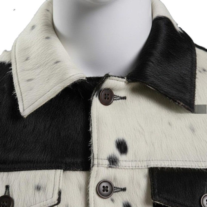 Mens Hair On Cowhide Trucker Jacket  Black  White Western Style