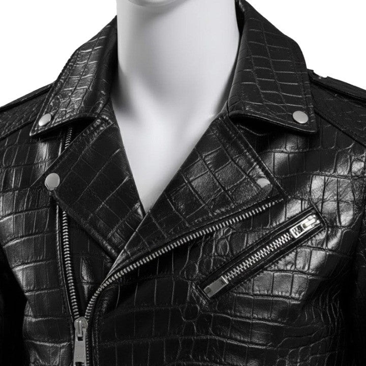 Mens Black Crocodile Embossed Leather Biker Jacket  Genuine Leather Motorcycle Moto Jackets Handmade