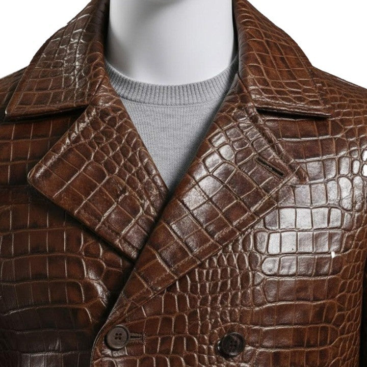Embossed Brown Leather Peacoat  Mens Double Breasted Jacket