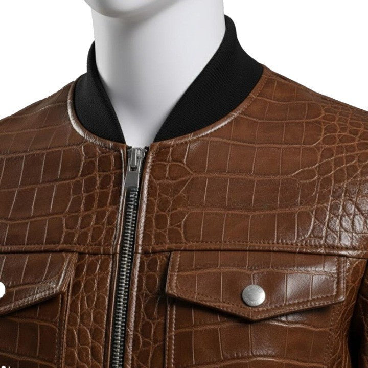 Mens Crocodile Embossed Leather Bomber Jacket  Genuine Leather Aviator Coat