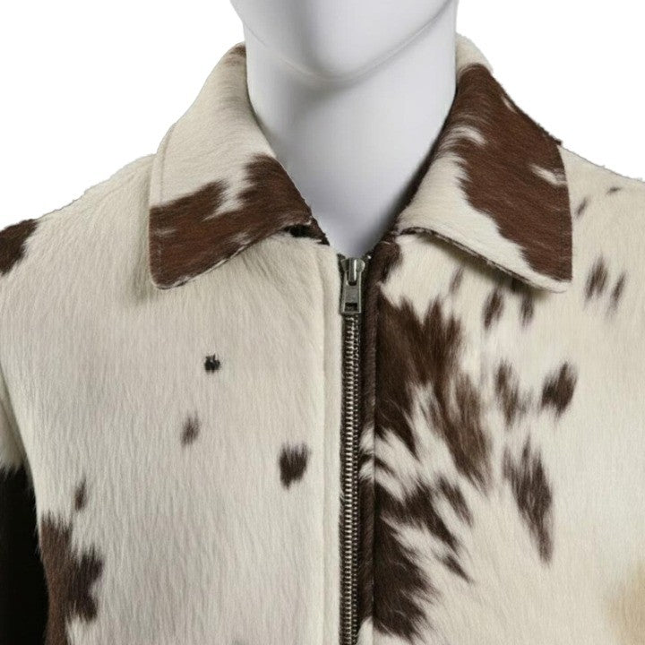 Mens Brown and Cream Zip Up Leather Jacket with Ribbed Hem  Contemporary Casual Outerwear