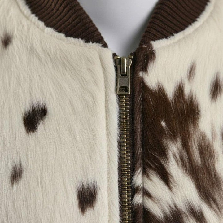 Mens Cream and Brown Zip Bomber Leather Jacket with Ribbed Trim  Casual Urban Outerwear