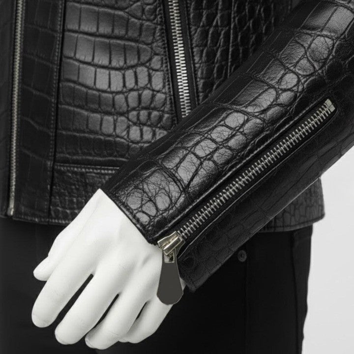 Mens Crocodile Embossed Leather Biker Jacket  Slim Fit Aviator Coat