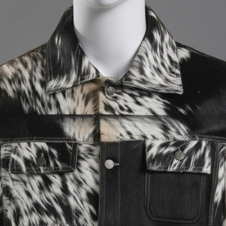 Mens Black and White Textured Leather Jacket with Modern Panel Design and Button Front