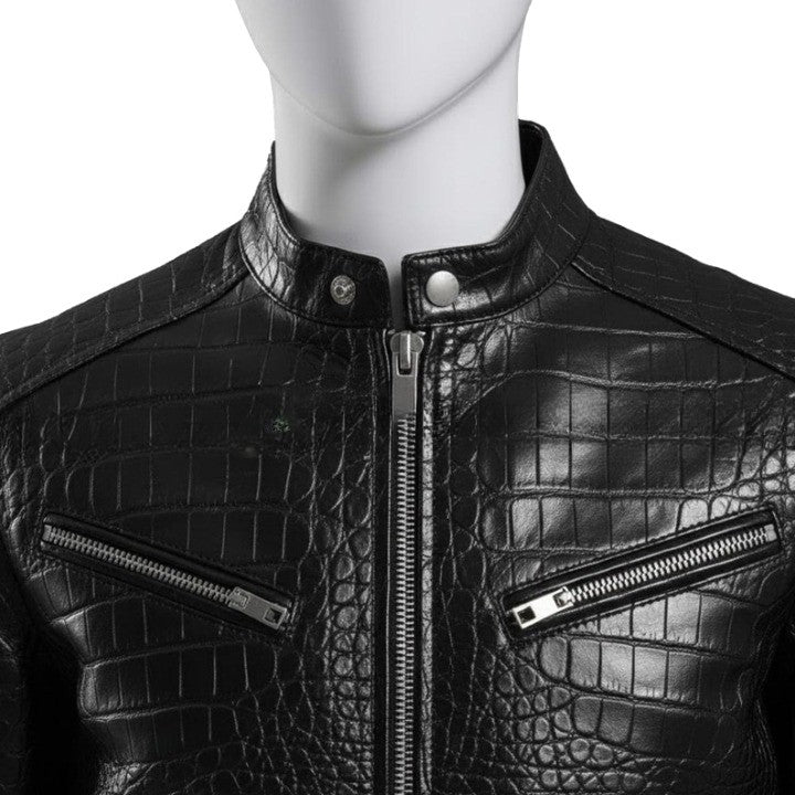 Mens Black Crocodile Embossed Leather Jacket  Genuine Leather Biker Jackets  Handmade Luxury Coat