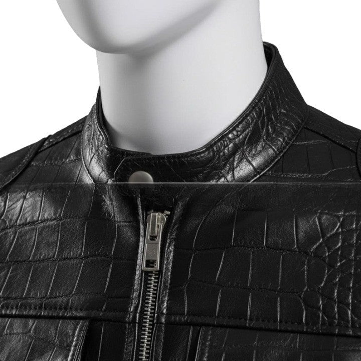 Luxury Crocodile Embossed Leather Jacket Black Genuine Leather Bomber Style Coat For Men