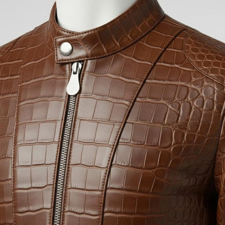 Mens Brown Croc Embossed Leather Jacket  Slim Fit Stand Collar