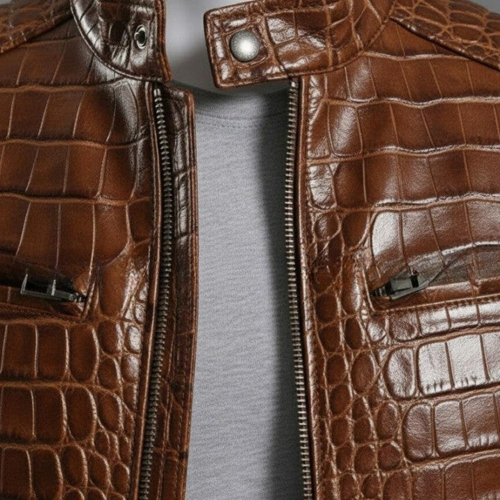 Embossed Brown Leather Jacket Men  Genuine Leather Stand Collar