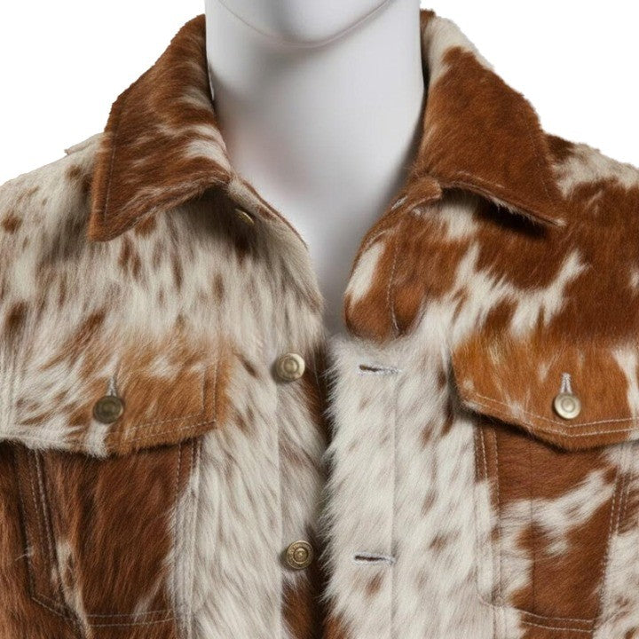 Mens Hair On Cowhide Trucker Jacket  Rust Brown  Ivory Western Outerwear