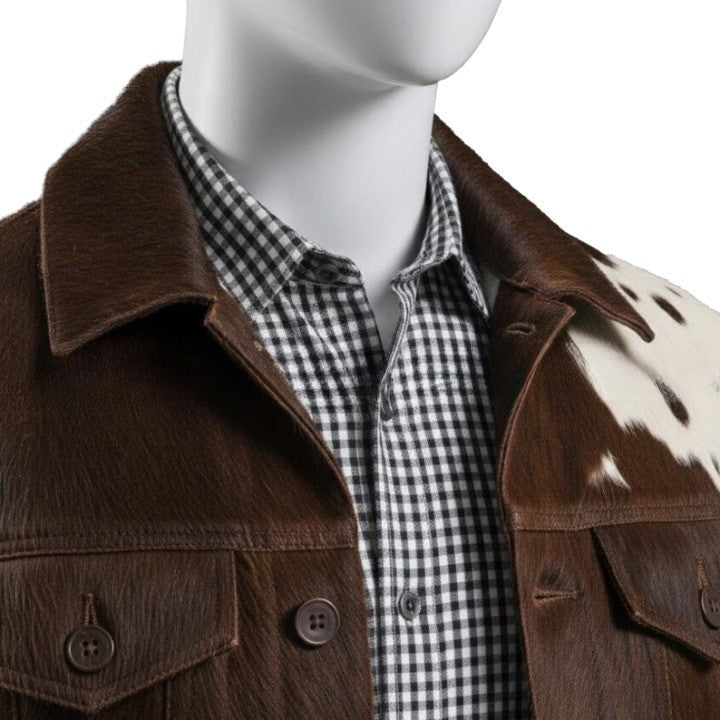 Mens Brown Patchwork Leather Jacket with Contrast Panels and Classic Button Closure