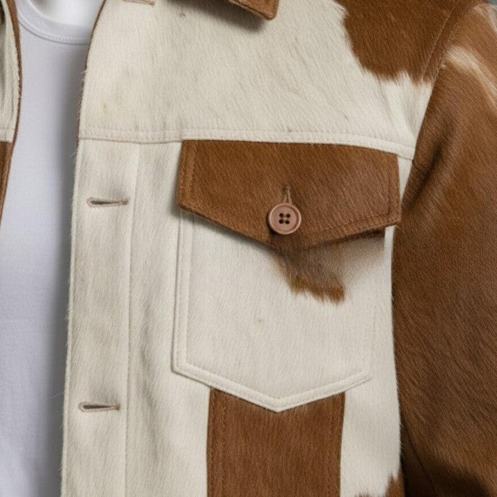 Mens Brown  Cream Cowhide Style Leather Jacket  Handmade Patchwork Western Jacket