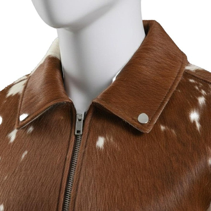 Mens Chestnut Brown Zip Leather Jacket with Speckled Contrast Panels   Refined Casual Outerwear