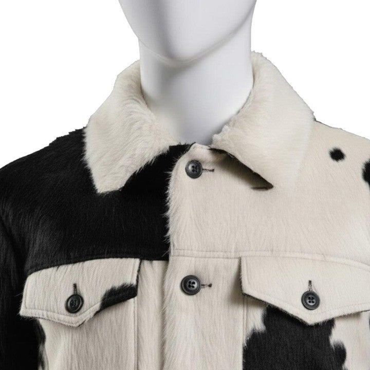 Mens Black and Ivory Panel Leather Jacket with Soft Collar  Contemporary Everyday Outerwear