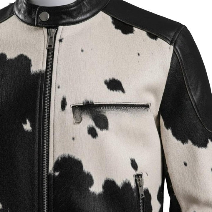 Mens Black and White Abstract Pattern Leather Jacket with Button Front  Contemporary Casual Outerwear