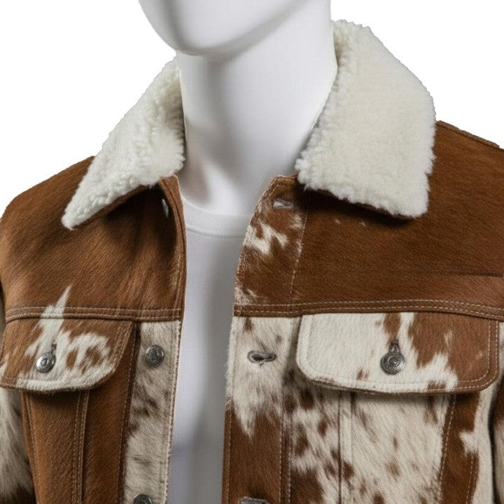 Mens Brown  Cream Cowhide Style Leather Jacket  Handmade Pathwork Western Jacket