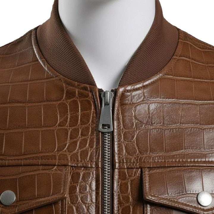Mens Brown Croc Embossed Genuine Leather Bomber Jacket
