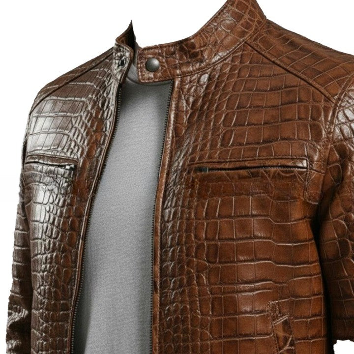 Mens Brown Textured Leather Jacket  Handmade Zip Up Coat
