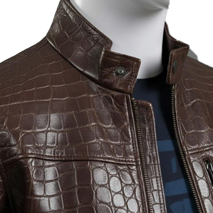 Mens Croc Embossed Genuine Leather Jacket  Slim Fit Stand Collar