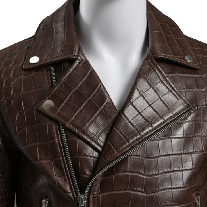 Embossed Brown Leather Moto Jacket  Asymmetrical Zip Belted Waist